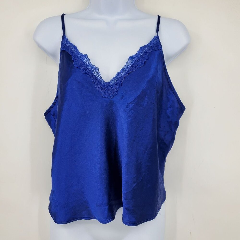 Linea‎ Donatella Blue Cropped Lace Trim V Neck Y2K Cami Tank Top Size Large